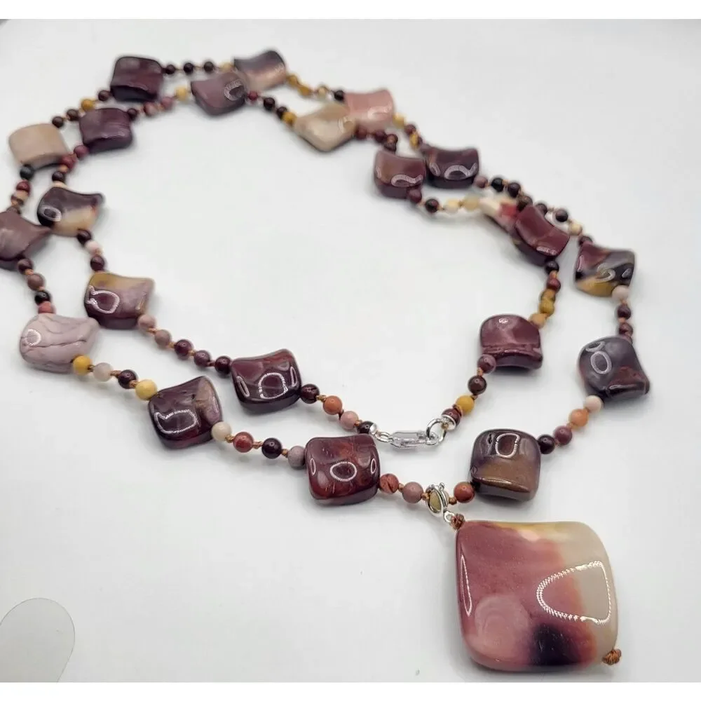 Mookaite Jasper Pendant Necklace Long Strand 36in Knotted Cord
